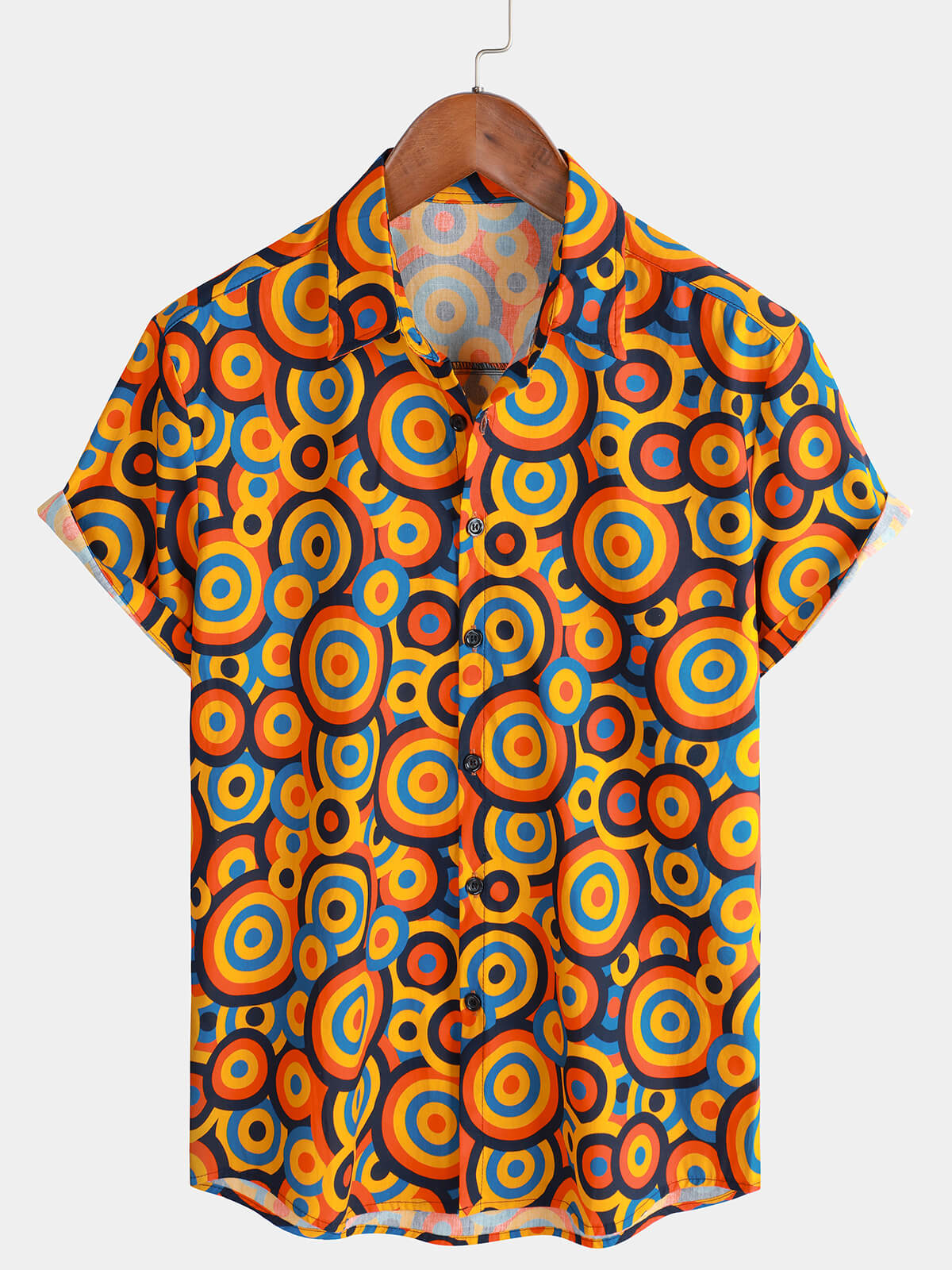 Men's Orange 70s Retro Button Up Vintage Geometric Circle Shirt