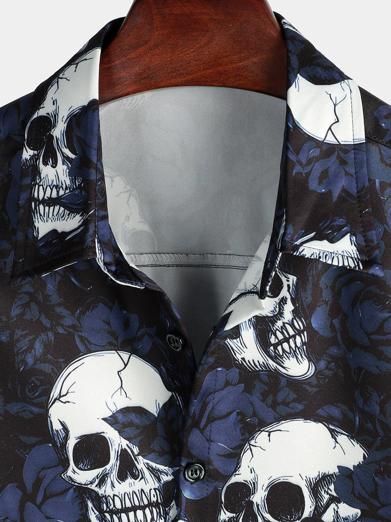 Men's Rose Skull Print Black Casual Rock and Roll Short Sleeve Shirt