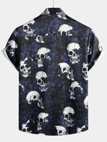 Men's Rose Skull Print Black Casual Rock and Roll Short Sleeve Shirt
