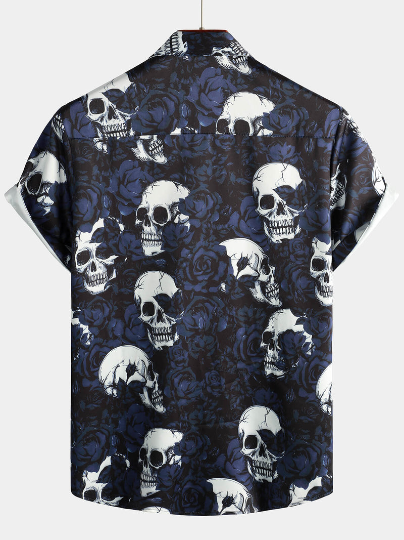 Men's Rose Skull Print Black Casual Rock and Roll Short Sleeve Shirt