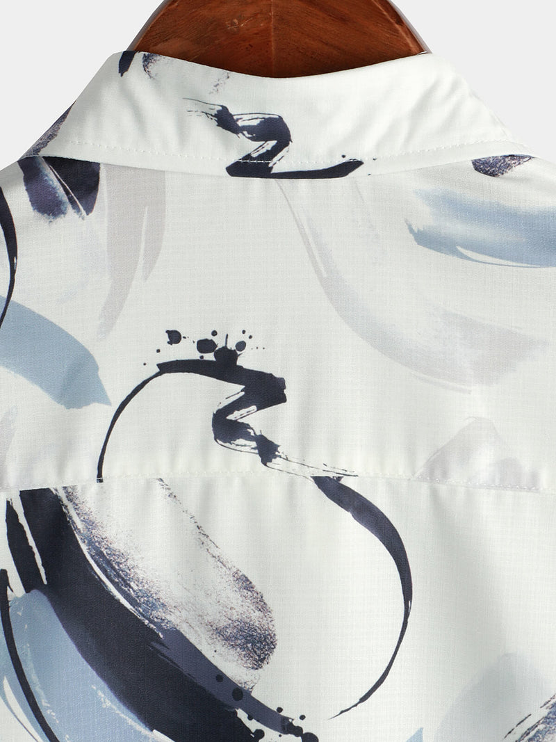 Men's Summer Casual Geometric Art Short Sleeve Holiday Button Up Shirt