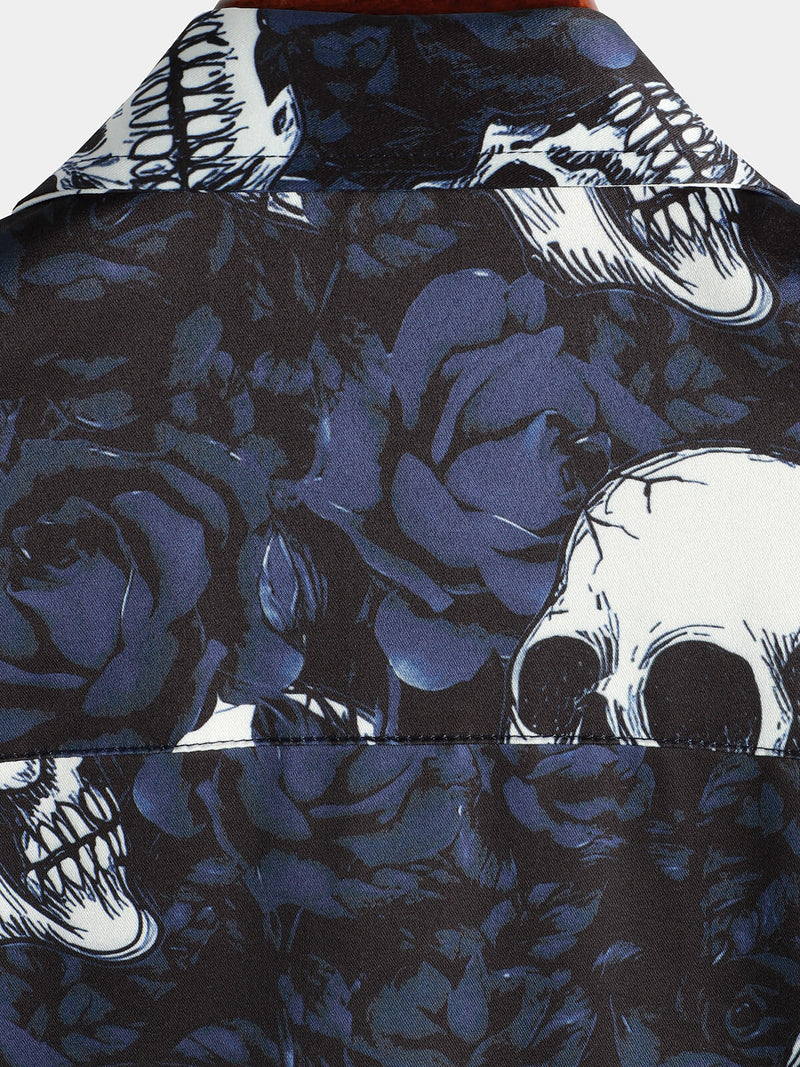 Men's Rose Skull Print Black Casual Rock and Roll Short Sleeve Shirt