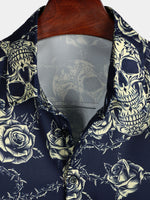 Men's Rock Skull Vintage Rose Print Button Up Short Sleeve Shirt