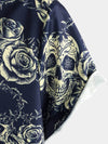 Men's Rock Skull Vintage Rose Print Button Up Short Sleeve Shirt