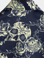 Men's Rock Skull Vintage Rose Print Button Up Short Sleeve Shirt