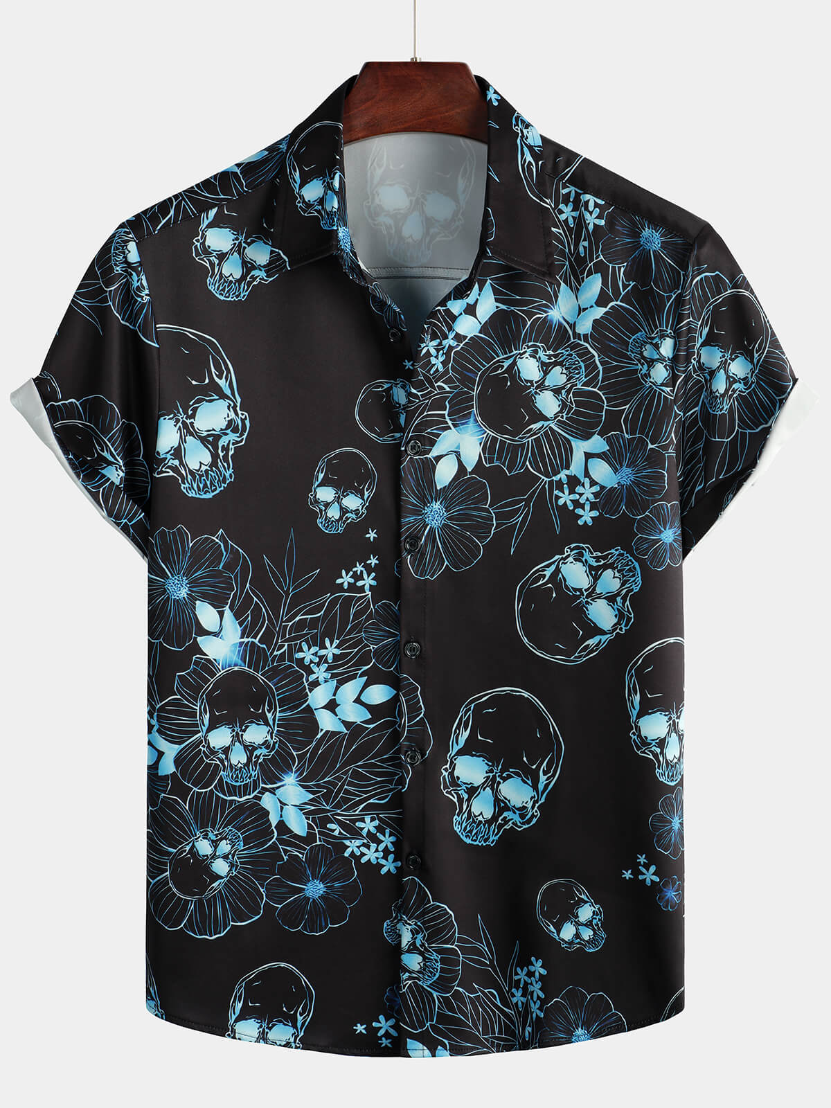 Men's Casual Blue Floral Skull Print Cool Button Short Sleeve Shirt