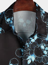Men's Casual Blue Floral Skull Print Cool Button Short Sleeve Shirt