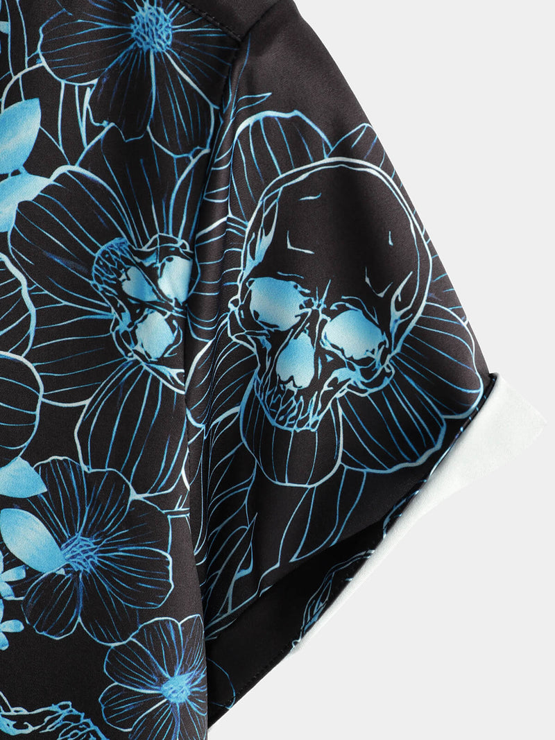 Men's Casual Blue Floral Skull Print Cool Button Short Sleeve Shirt
