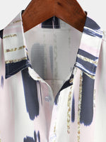 Men's Casual Geometric Art Short Sleeve Holiday Button Up White Shirt