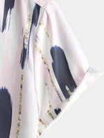 Men's Casual Geometric Art Short Sleeve Holiday Button Up White Shirt