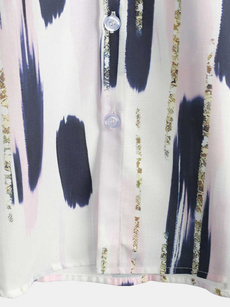 Men's Casual Geometric Art Short Sleeve Holiday Button Up White Shirt