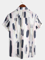 Men's Casual Geometric Art Short Sleeve Holiday Button Up White Shirt
