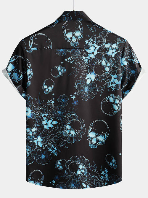 Men's Casual Blue Floral Skull Print Cool Button Short Sleeve Shirt