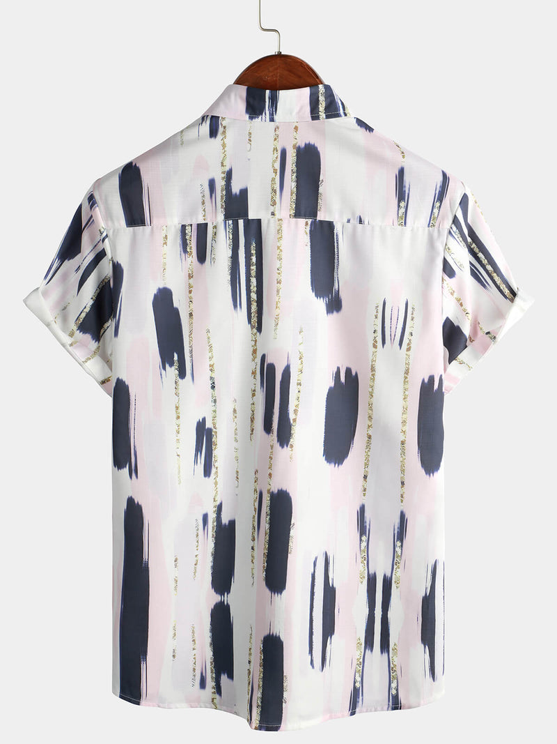 Men's Casual Geometric Art Short Sleeve Holiday Button Up White Shirt