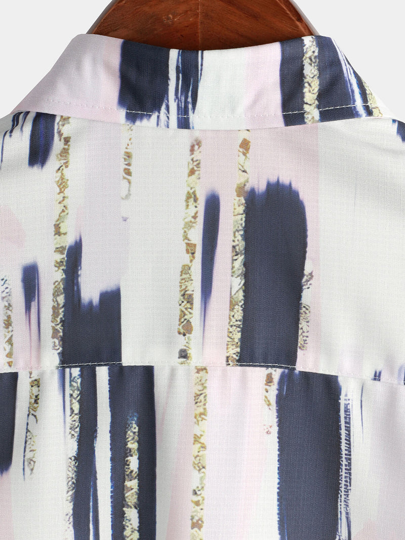 Men's Casual Geometric Art Short Sleeve Holiday Button Up White Shirt