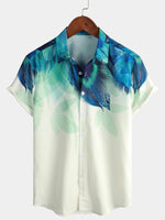 Men's Peacock Feather Print Gradual Texture Sleeve Button Up Shirt