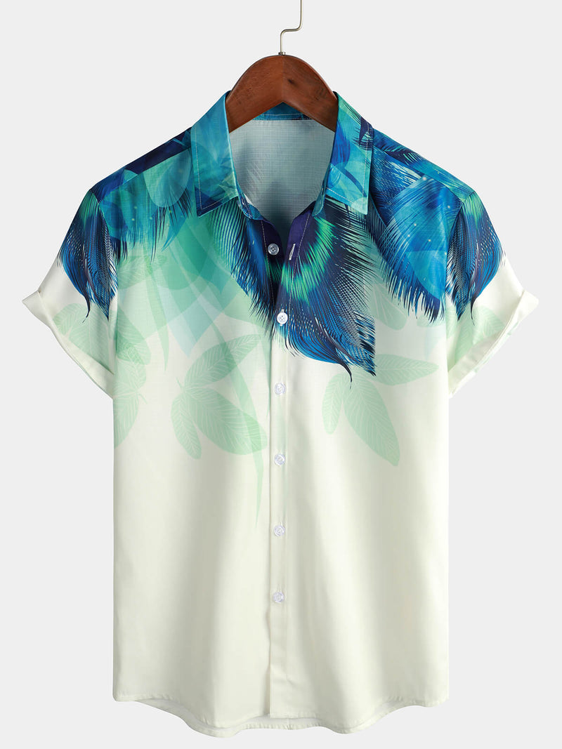 Men's Peacock Feather Print Gradual Texture Sleeve Button Up Shirt