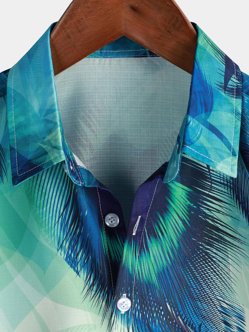 Men's Peacock Feather Print Gradual Texture Sleeve Button Up Shirt