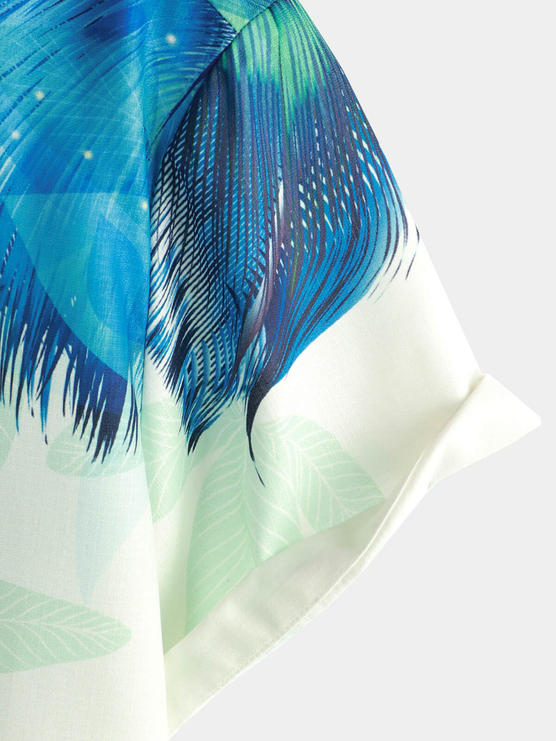 Men's Peacock Feather Print Gradual Texture Sleeve Button Up Shirt