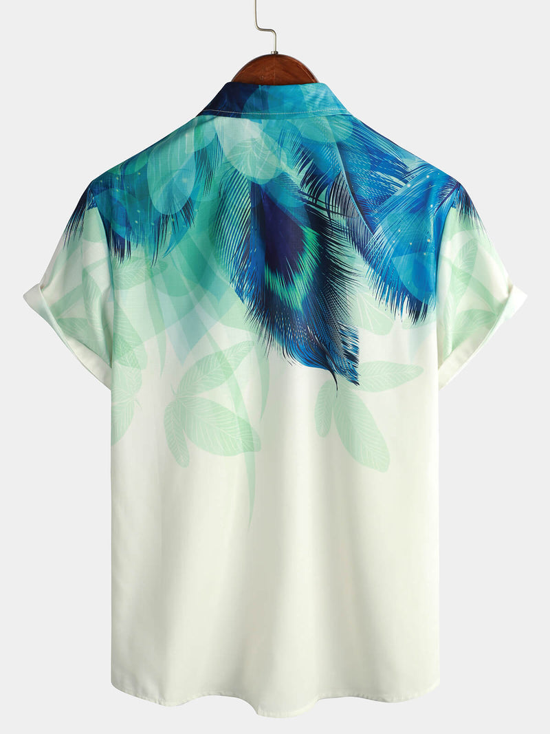 Men's Peacock Feather Print Gradual Texture Sleeve Button Up Shirt