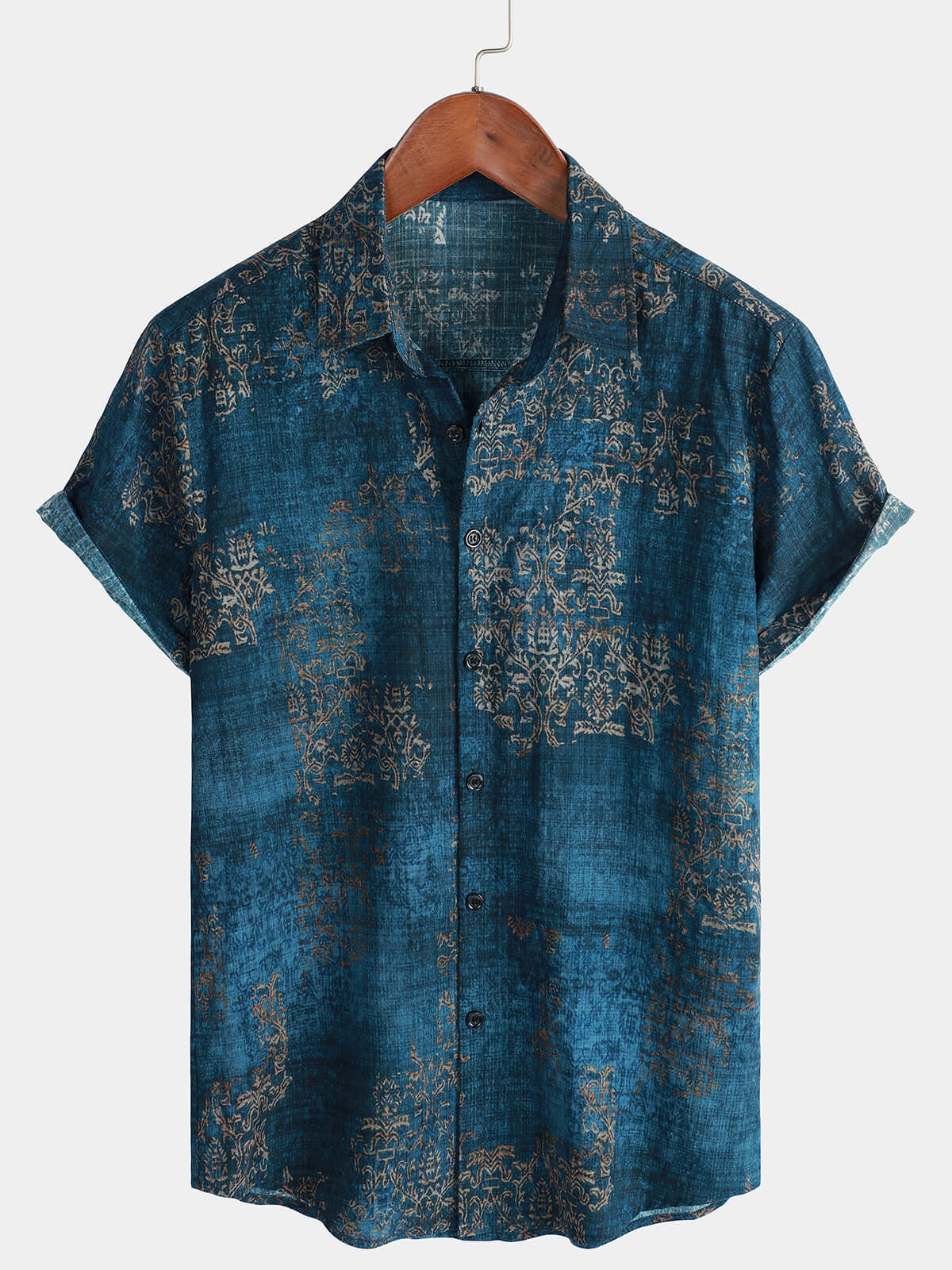 Men's Blue Cotton Vintage Short Sleeve Summer Button Up Shirt