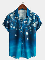 Men's Floral Blue Gradual Texture Short Sleeve Button Up Shirt