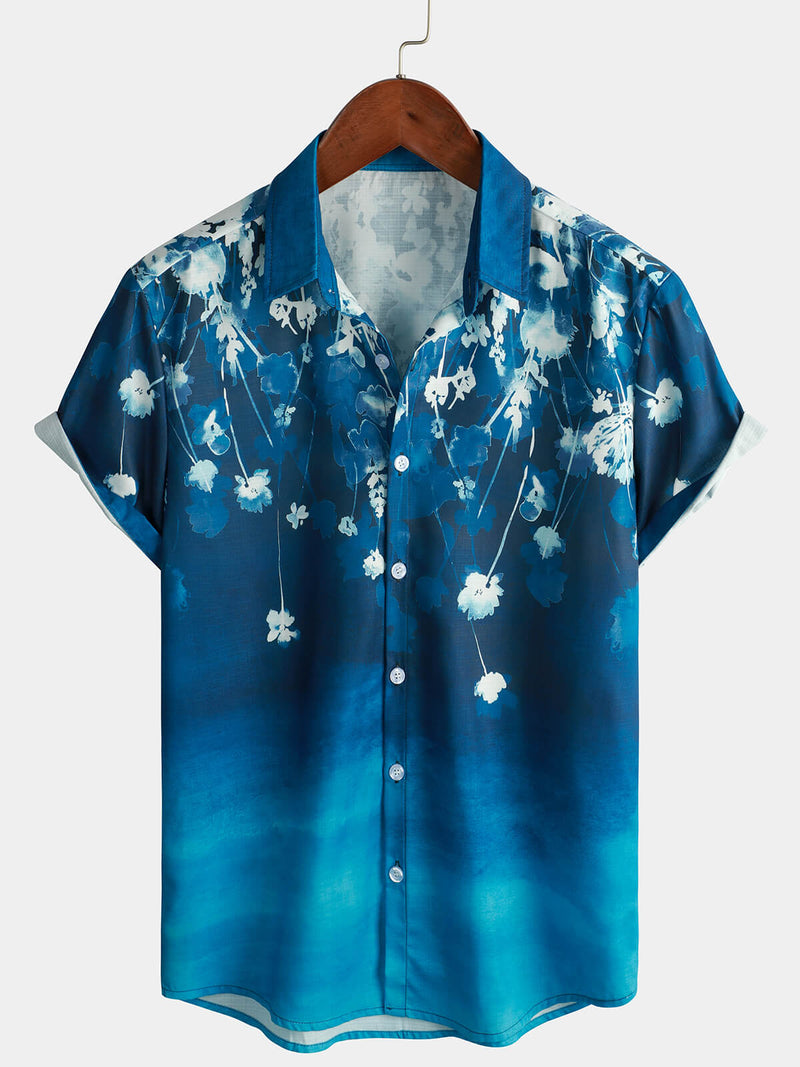 Men's Floral Blue Gradual Texture Short Sleeve Button Up Shirt