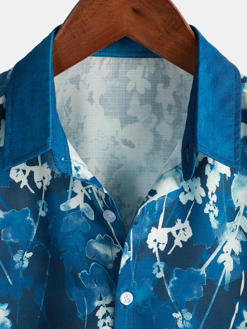 Men's Floral Blue Gradual Texture Short Sleeve Button Up Shirt