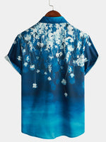 Men's Floral Blue Gradual Texture Short Sleeve Button Up Shirt