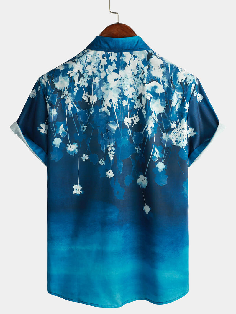 Men's Floral Blue Gradual Texture Short Sleeve Button Up Shirt