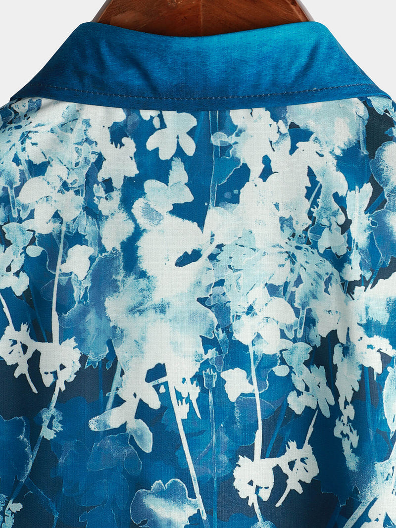 Men's Floral Blue Gradual Texture Short Sleeve Button Up Shirt