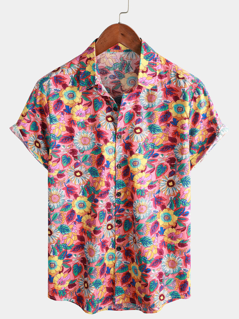 Men's Pink Floral 100% Cotton Breathable Summer Short Sleeve Hawaiian Button Up Shirt