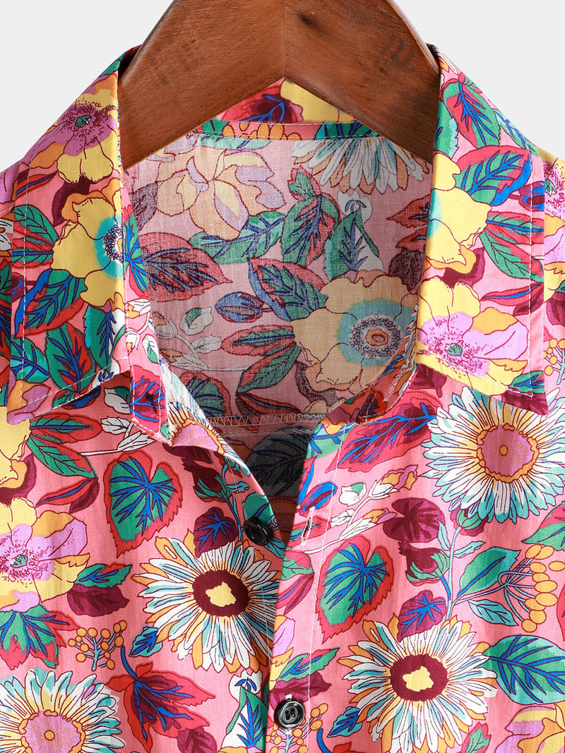 Men's Pink Floral 100% Cotton Breathable Summer Short Sleeve Hawaiian Button Up Shirt