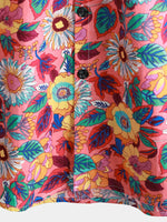 Men's Pink Floral 100% Cotton Breathable Summer Short Sleeve Hawaiian Button Up Shirt