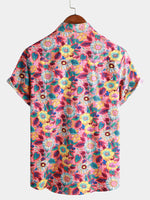 Men's Pink Floral 100% Cotton Breathable Summer Short Sleeve Hawaiian Button Up Shirt
