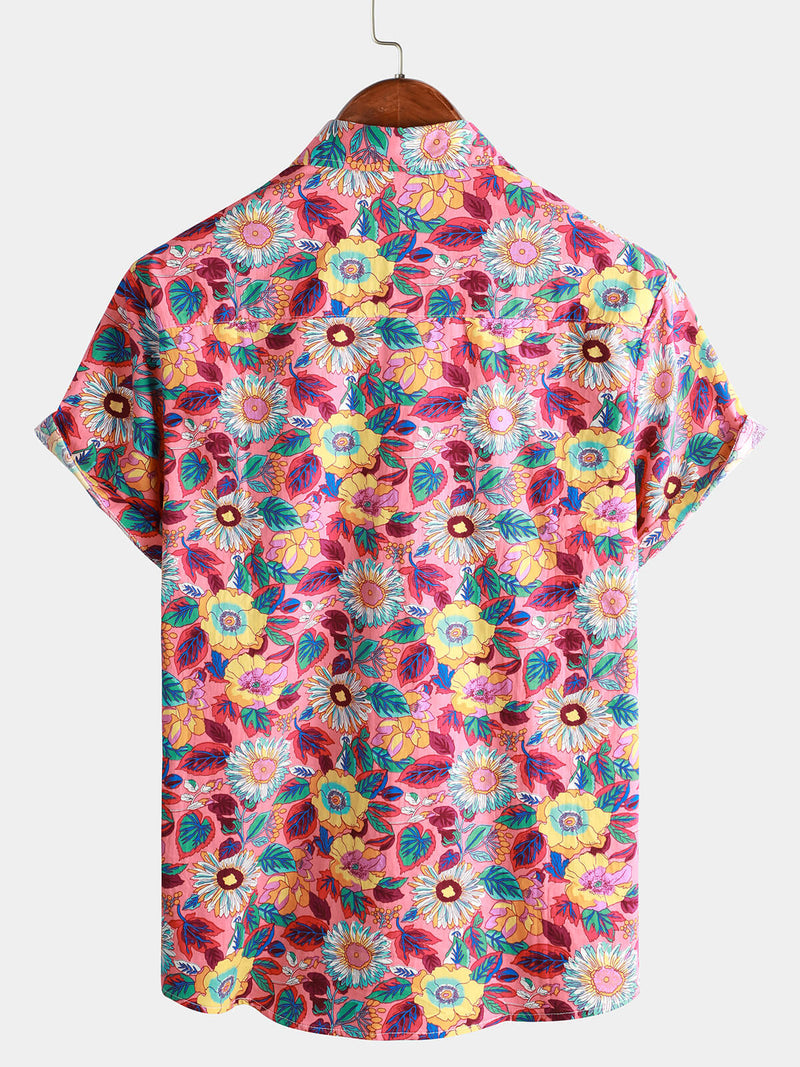 Men's Pink Floral 100% Cotton Breathable Summer Short Sleeve Hawaiian Button Up Shirt