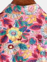 Men's Pink Floral 100% Cotton Breathable Summer Short Sleeve Hawaiian Button Up Shirt