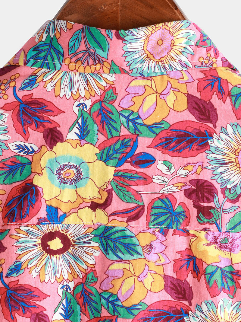 Men's Pink Floral 100% Cotton Breathable Summer Short Sleeve Hawaiian Button Up Shirt