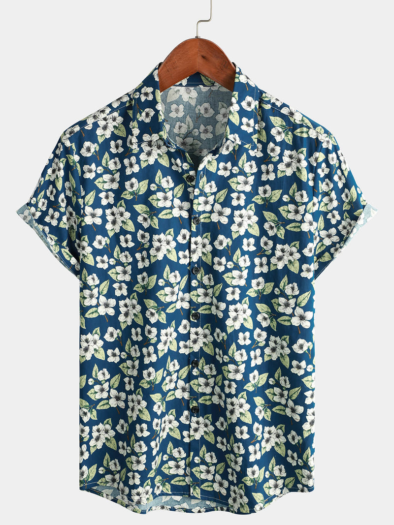 Men's Floral Cotton Summer Short Sleeve Button Up Beach Shirt