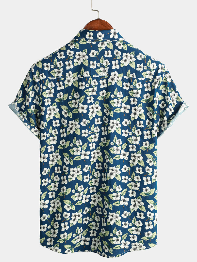 Men's Floral Cotton Summer Short Sleeve Button Up Beach Shirt