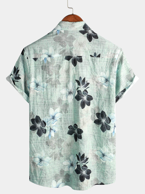 Men's Floral Cotton Short Sleeve Button Up Light Green Hawaiian Beach Cool Shirt