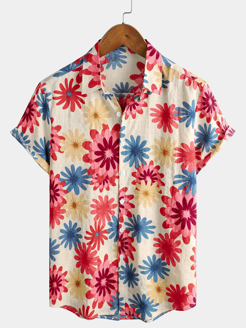 Bundle Of 2 | Men's Floral Cotton Daisy Flower Summer Beach Holiday Short Sleeve Hawaiian Shirts
