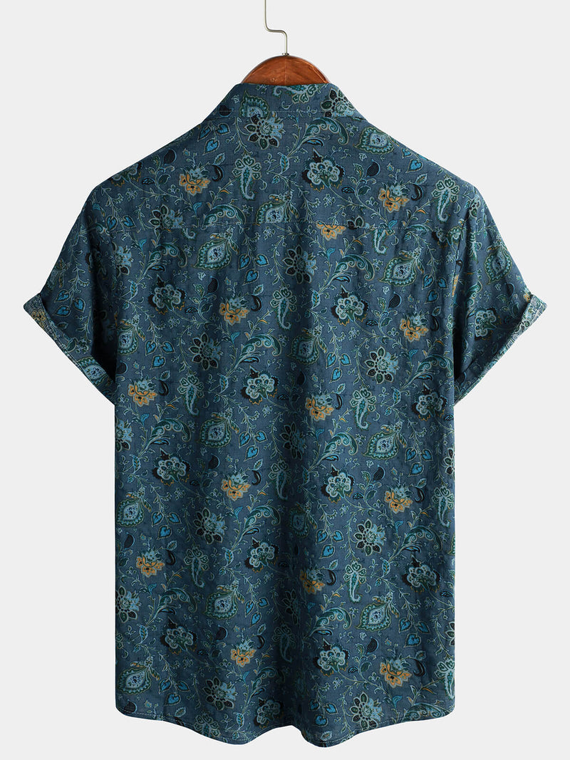 Men's Paisley Vintage Floral Retro Button Up Blue Summer Holiday Short Sleeve Shirt