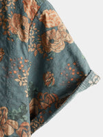 Men's Vintage Floral Retro Button Up Blue Summer Holiday Short Sleeve Shirt