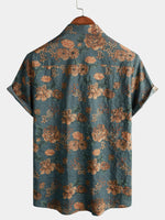Men's Vintage Floral Retro Button Up Blue Summer Holiday Short Sleeve Shirt