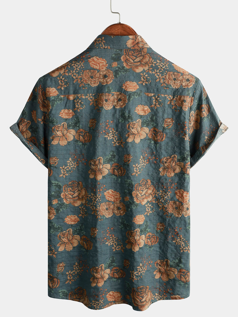 Men's Vintage Floral Retro Button Up Blue Summer Holiday Short Sleeve Shirt
