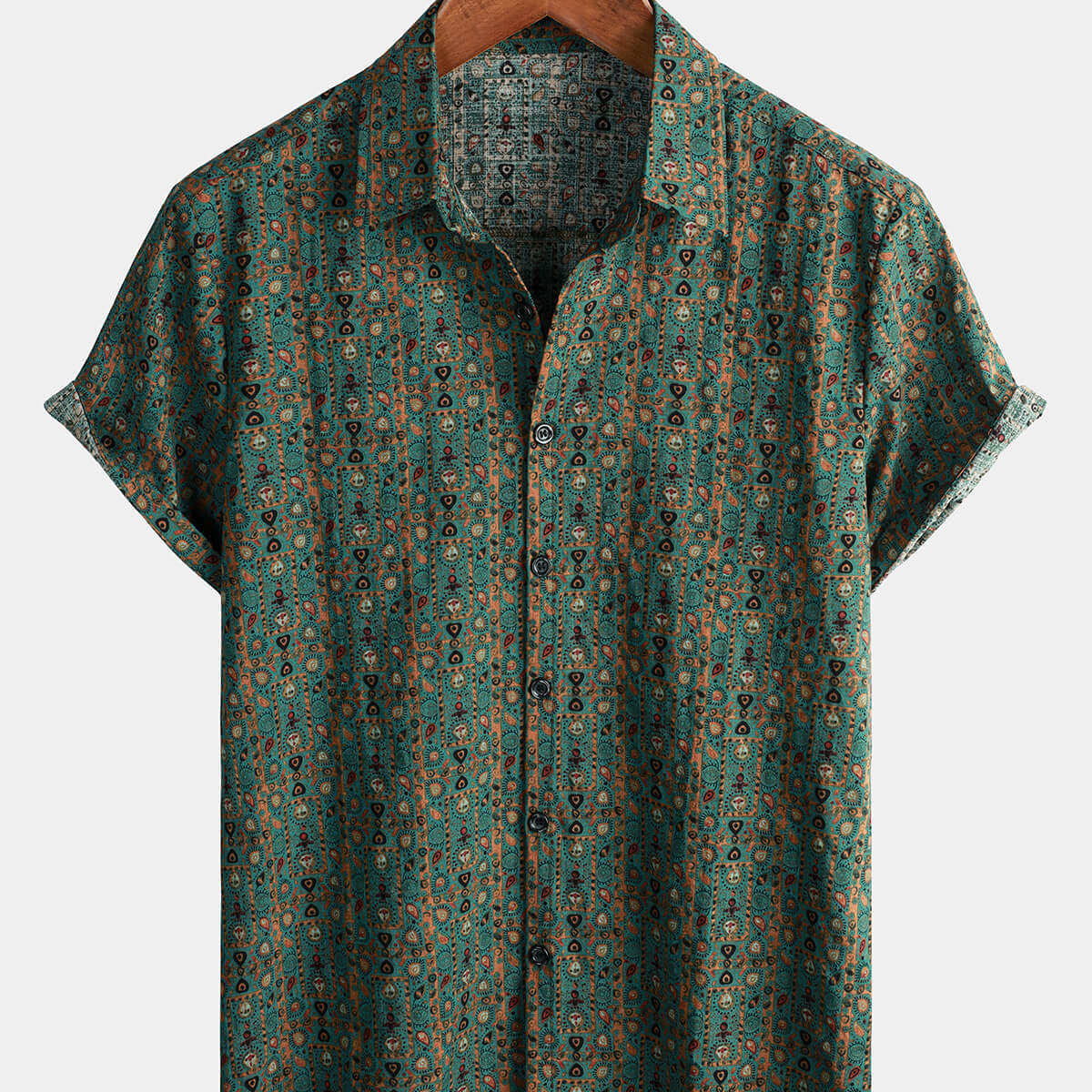 Men's Vintage Paisley Print 70s Button Up Green Boho Retro Tribal Short Sleeve Shirt