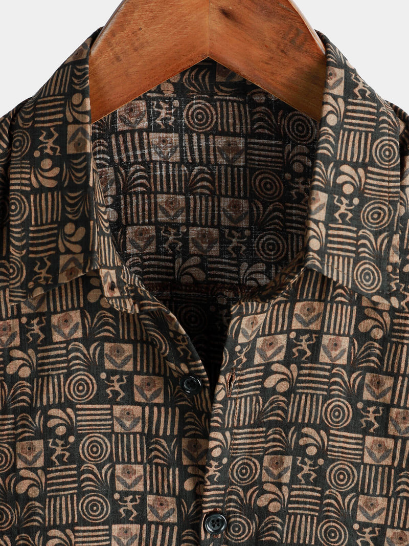 Men's Vintage Print Cotton Button Up Summer Western Brown Beach Short Sleeve Shirt