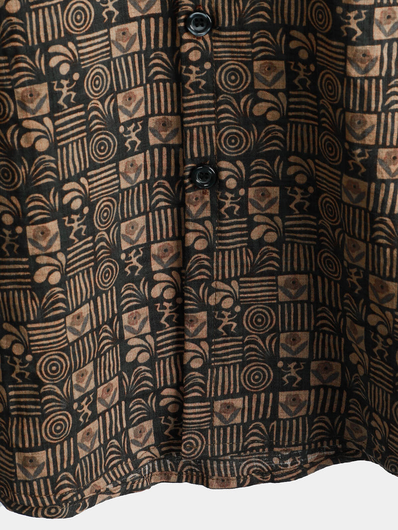 Men's Vintage Print Cotton Button Up Summer Western Brown Beach Short Sleeve Shirt