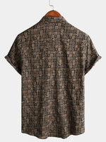 Men's Vintage Print Cotton Button Up Summer Western Brown Beach Short Sleeve Shirt